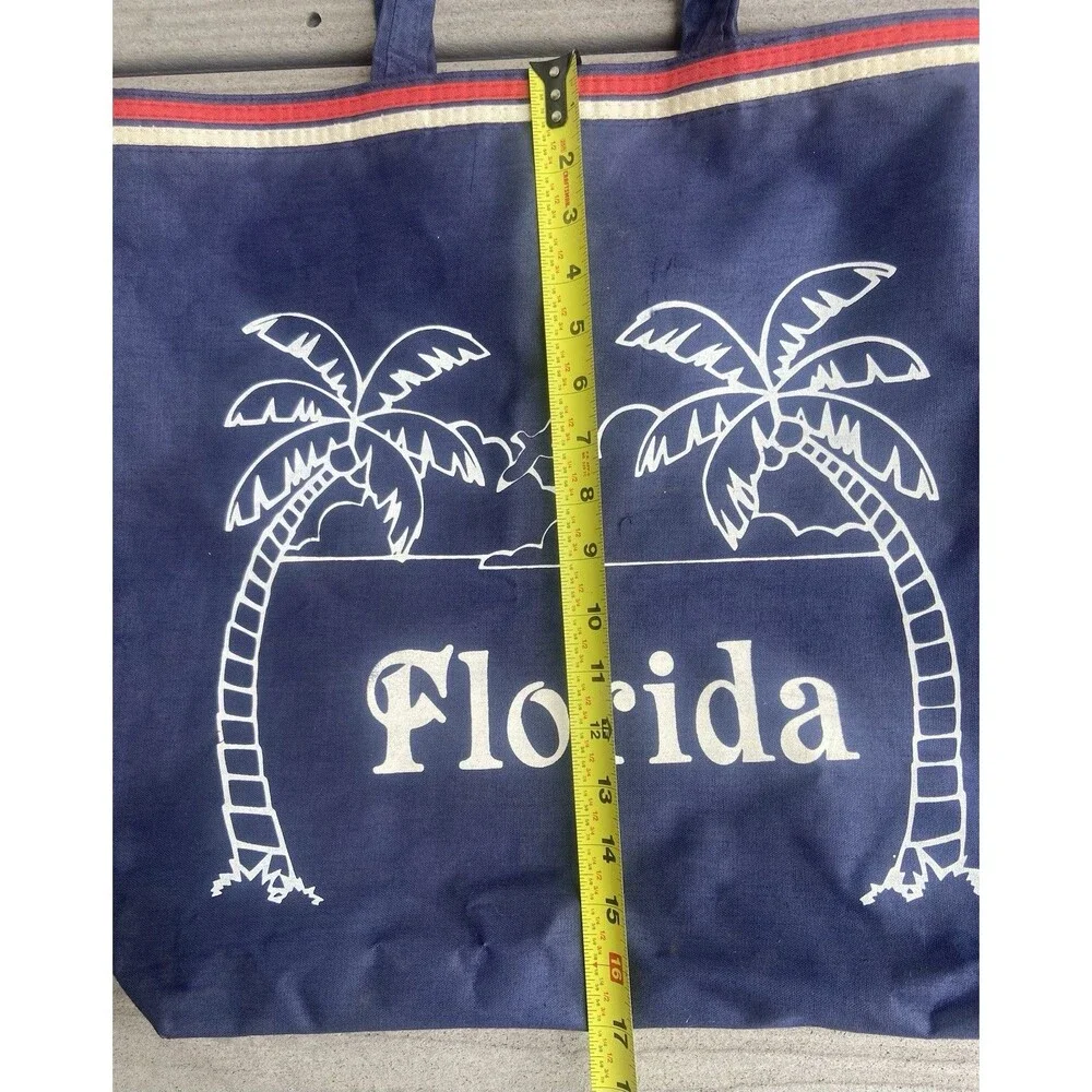 Vintage Florida Beach Tote Bag Navy Palm Trees Travel Souvenir Zip Pocket USA